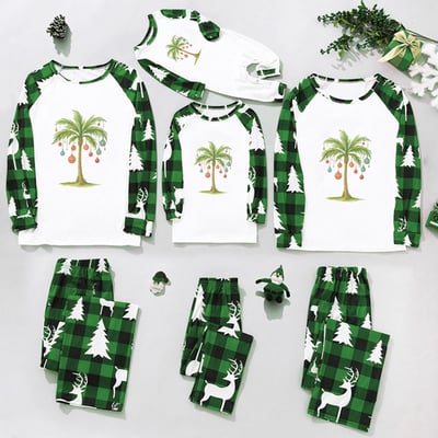 Tropical Christmas Palm Tree Family Pajamas Green Plaid Matching Sleepwear