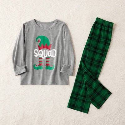 Elf Squad Family Matching Christmas Pajamas Green Plaid Set