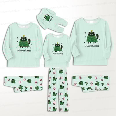 Mint Green Meowy Catmas Matching Holiday Pajamas for Family and Pets