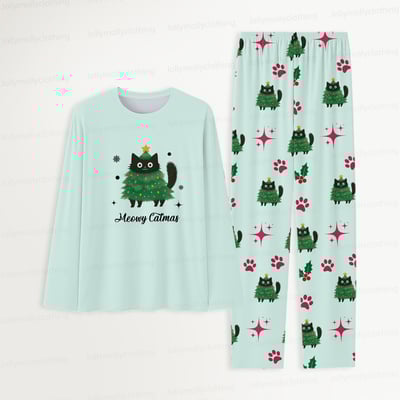 Mint Green Meowy Catmas Matching Holiday Pajamas for Family and Pets