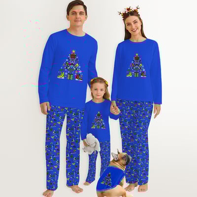 Blue Hockey Christmas Tree Family Matching Pajamas Set