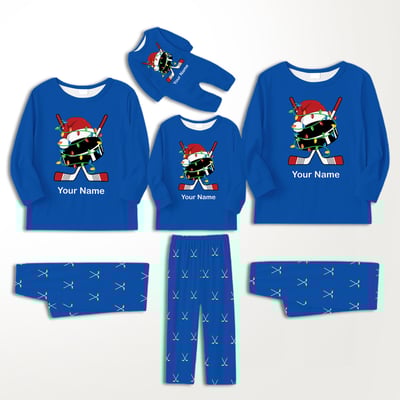 Personalized Hockey Family Christmas PJs Blue with Custom Names