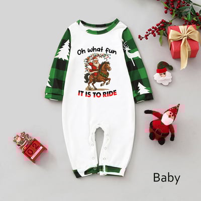 Festive Green Plaid Family Matching Pajamas Santa Horse Ride Design