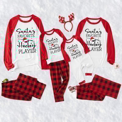 Santa's Favorite Hockey Player Family Matching Pajamas Red Buffalo Plaid