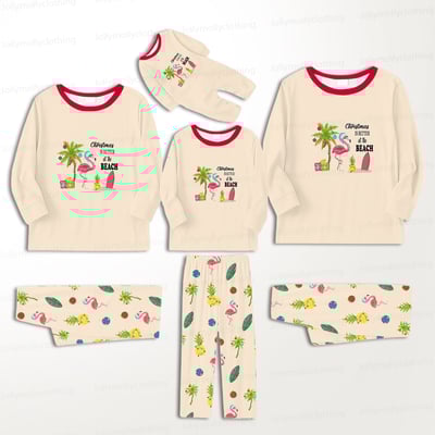 Tropical Beach Christmas Matching Family Pajama Set with Flamingo and Palm Tree Design