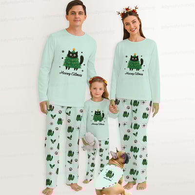 Mint Green Meowy Catmas Matching Holiday Pajamas for Family and Pets