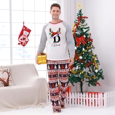 Gray Monogrammed Name Christmas Family Pajamas Merry Christmas Print
