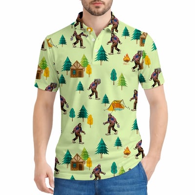 Men's Bigfoot Camping Hawaiian Polo Shirt Outdoor Summer Casual Top
