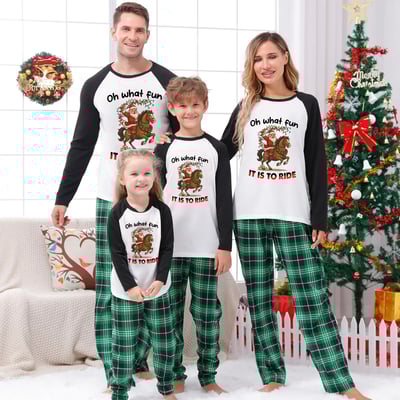 Oh What Fun It Is To Ride Family Matching Pajamas Green Plaid