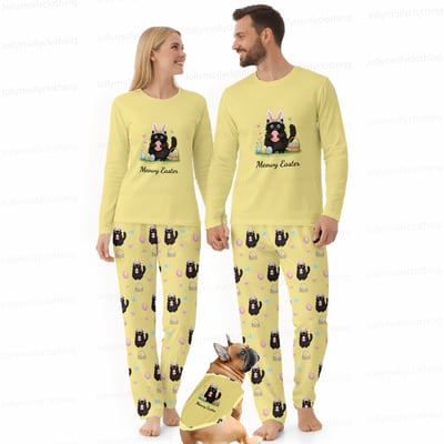 Easter Matching Family Pajamas Yellow Set Long Sleeve Cat Bunny Print Sleepwear for Mom Dad Kids