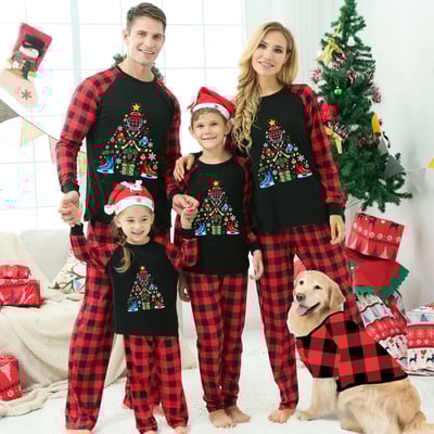 Hockey Equipment Christmas Tree Family Matching Pajamas Red Plaid