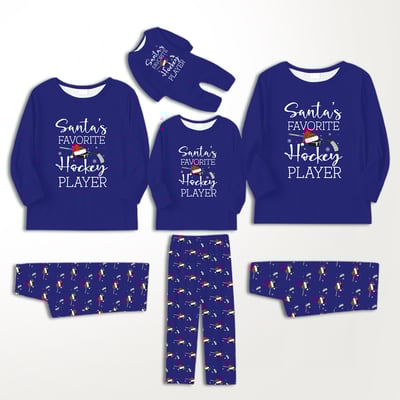 Navy Blue Santa's Favorite Hockey Player Family Matching Pajamas Set
