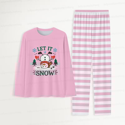 Let It Snow Pink Striped Family Christmas Matching Pajamas