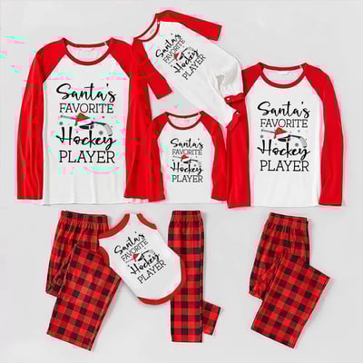 Santa's Favorite Hockey Player Family Matching Pajamas Red Buffalo Plaid