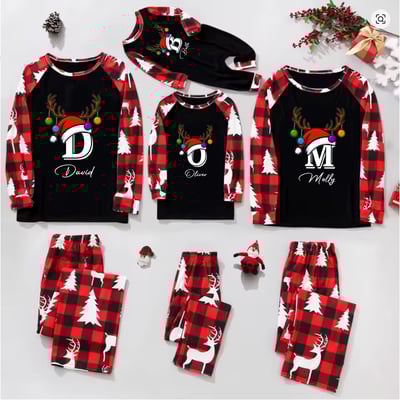 Custom Name Initial Christmas Family PJs Red Plaid Reindeer Tree Print