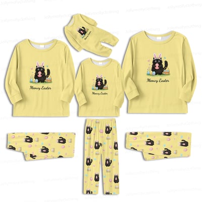 Easter Matching Family Pajamas Yellow Set Long Sleeve Cat Bunny Print Sleepwear for Mom Dad Kids