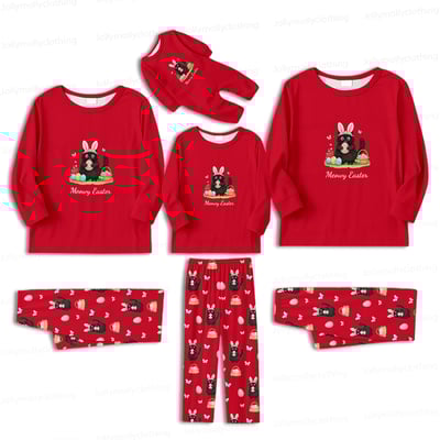 Meowy Easter Matching Family Pajamas Red Long Sleeve Set