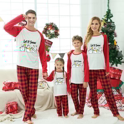 Let It Snow Snowmen Festive Family Pajamas with Classic Red Plaid Pants